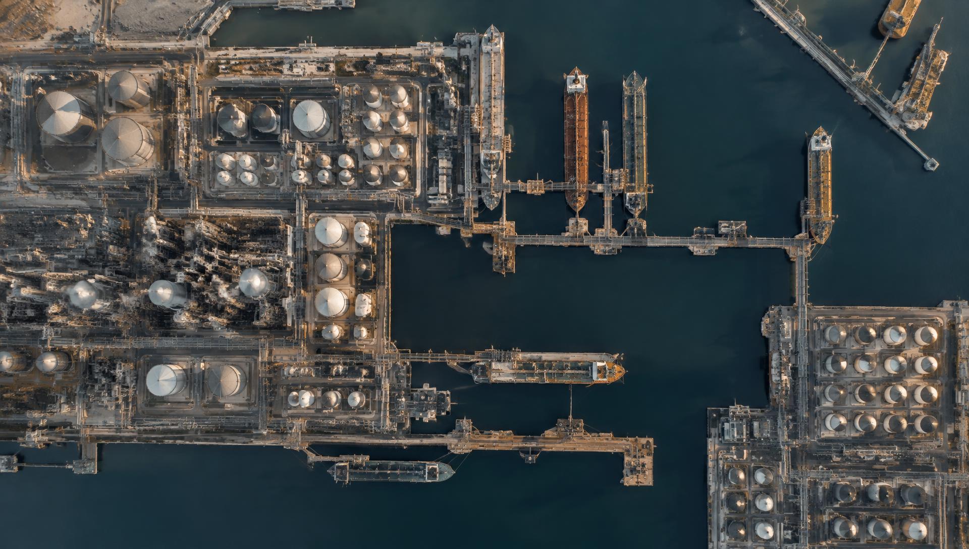 Aerial view of an industrial terminal in the Port of Antwerp-Bruges
