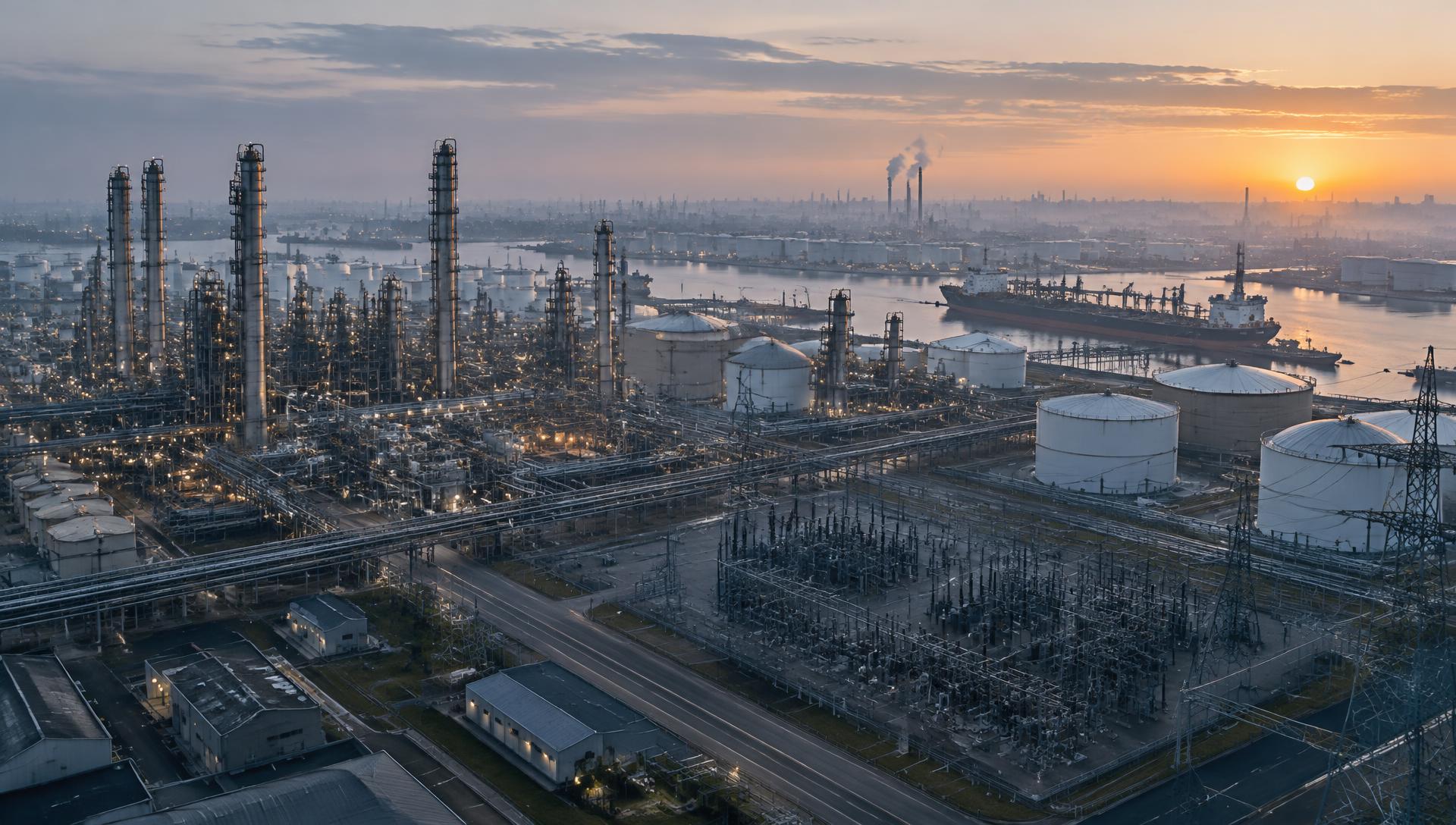 European industrial port complex at dawn with a high-voltage substation in the foreground