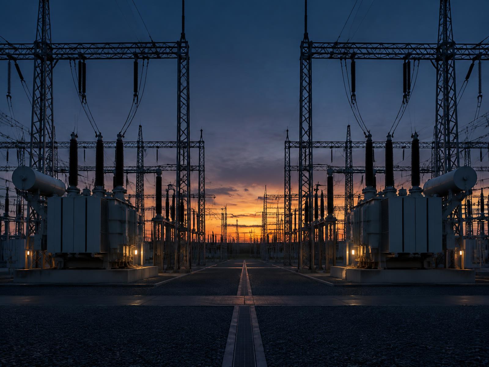 High-voltage substation with large transformers at first light
